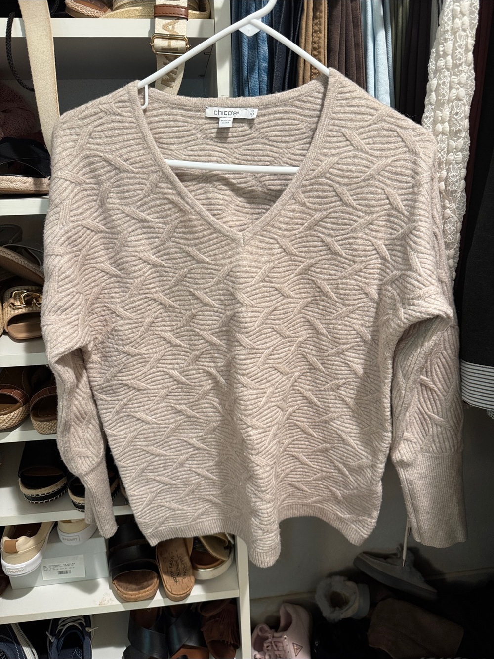 Chico's Light Cream V-Neck Textured Knit Sweater